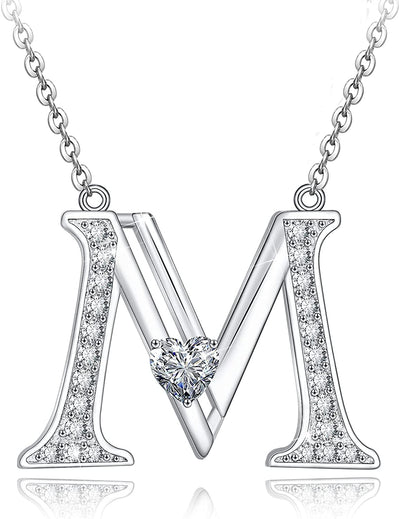 Initial Letter Heart Cubic Zirconia Sterling Silver Necklace