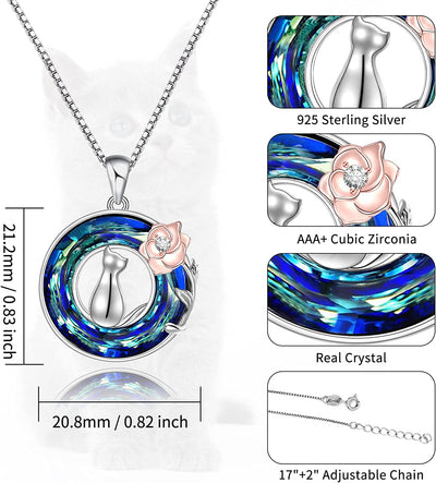 Cat On the Rose With Circle Crystal Sterling Silve Necklace