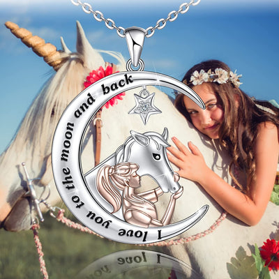 Horse And Girls Moon Sterling Silver Necklace
