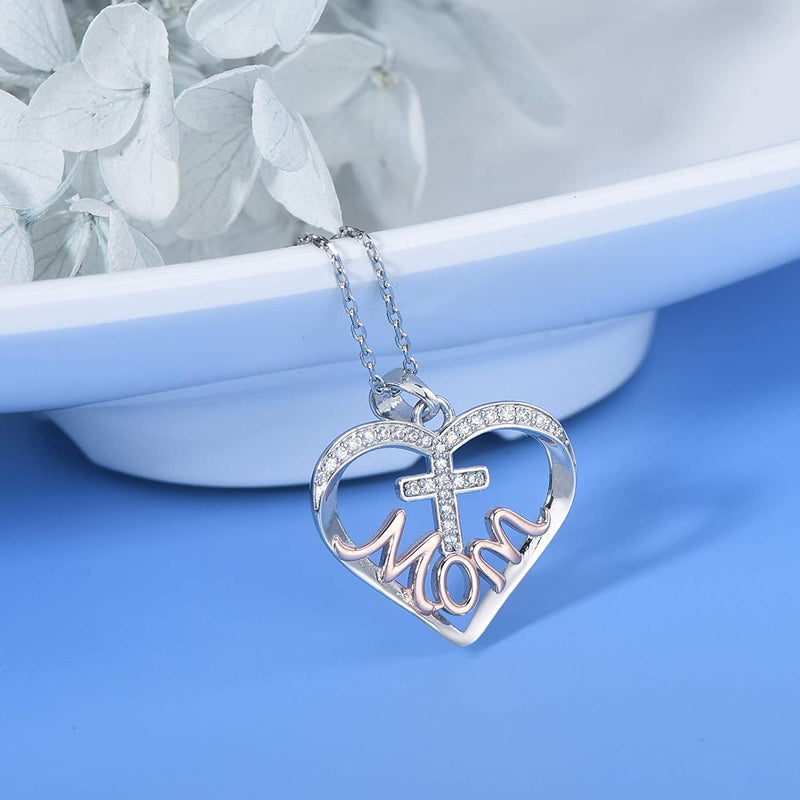Mom Cross Love Heart Sterling Silver Necklace