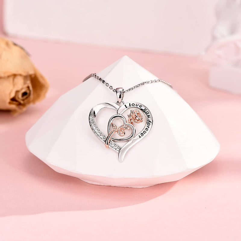 Rose Love Heart Sterling Silver Necklace