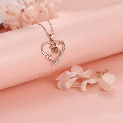 Rose With M Shape Heart Sterling Silver Necklace