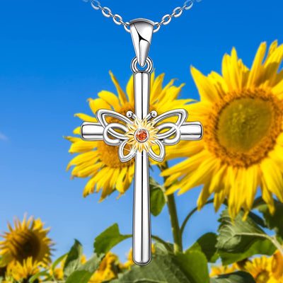 Butterfly Sunflower Cross Sterling Silver Necklace