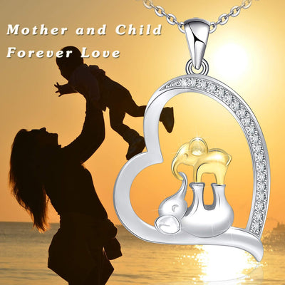 Mother and Child Elephant Heart Sterling Silver Necklace