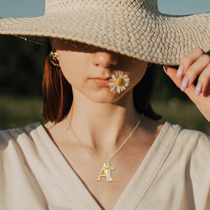 Initial Sunflower Cross Sterling Silver Necklace