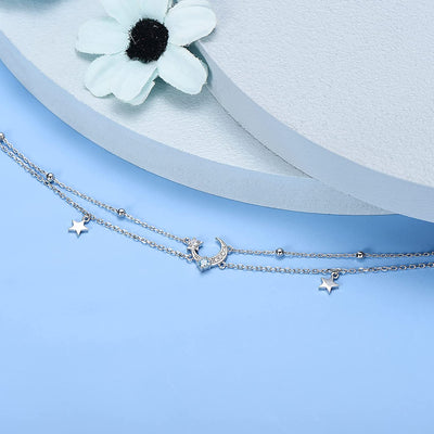 Universe Moon Star Layered Adjustable Sterling Silver  Anklet Bracelet