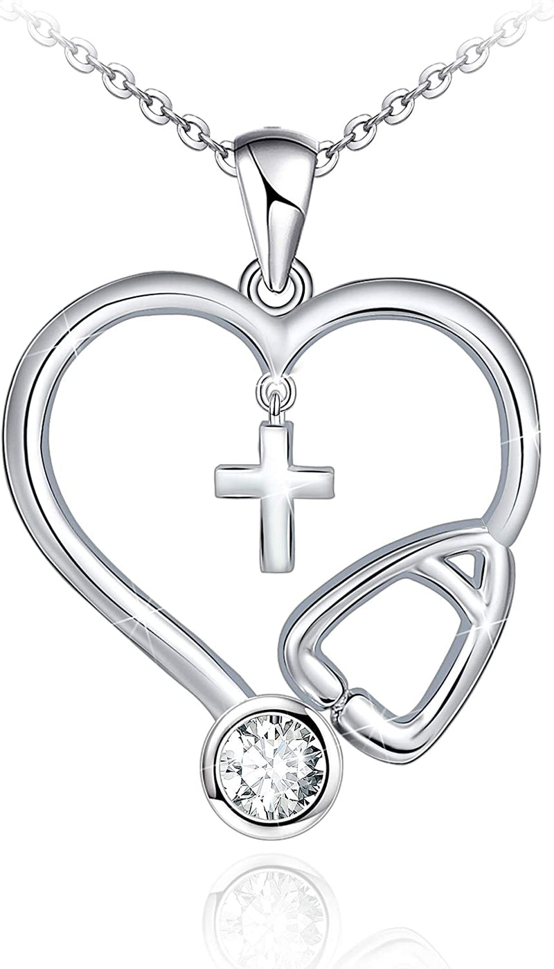 Stethoscope Cross Heart Sterling Silver Necklace