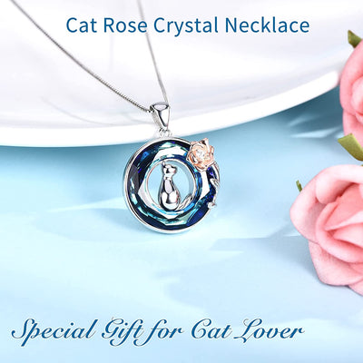 Cat On the Rose With Circle Crystal Sterling Silve Necklace