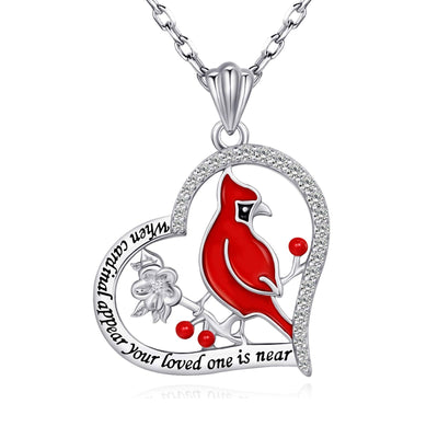 Red Cardinal Bird Heart Pendant Necklace