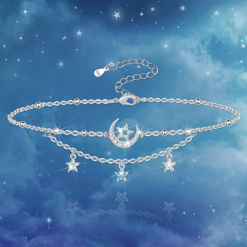 Universe Moon Star Layered Sterling Silver Anklet Bracelet