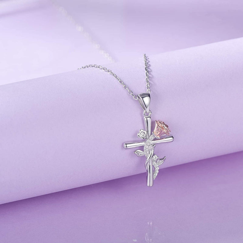 Rose Flower Cross Sterling Silver Necklace