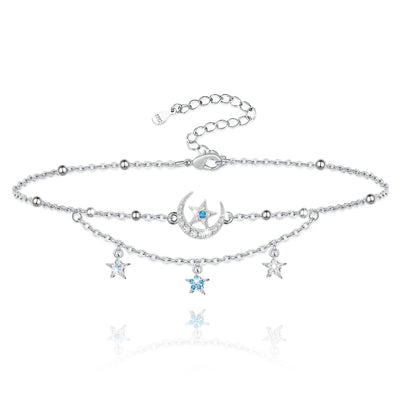 Universe Moon Star Layered Sterling Silver Anklet Bracelet