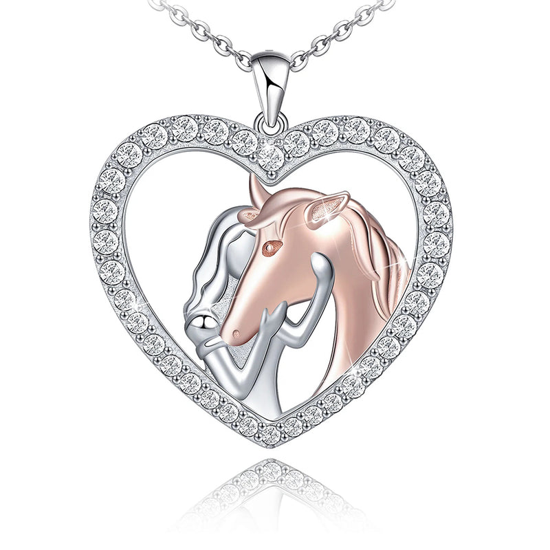 Girl Hugs Horse Heart Sterling Silver Necklace