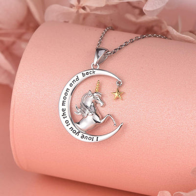 Unicorn And Moon Star Sterling Silver Necklace