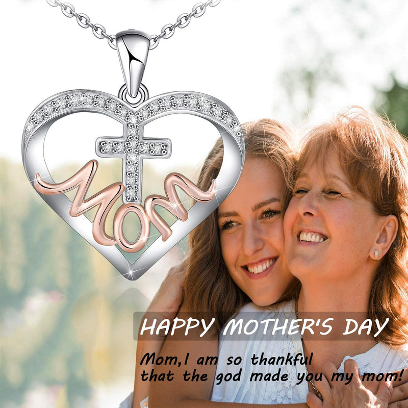 Mom Cross Love Heart Sterling Silver Necklace
