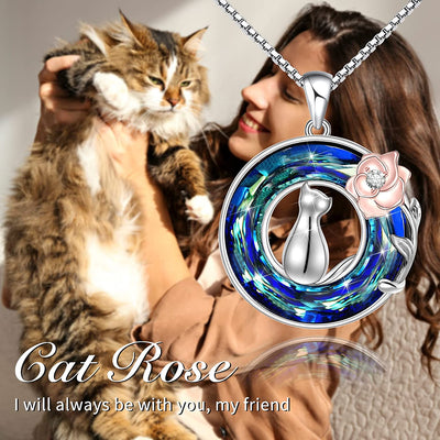 Cat On the Rose With Circle Crystal Sterling Silve Necklace