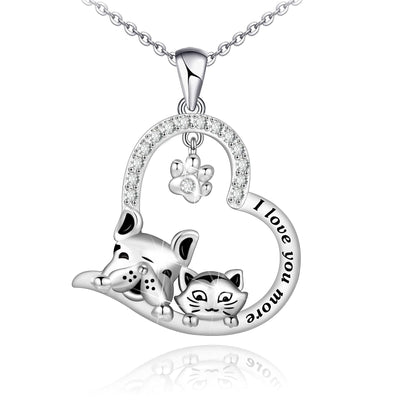Cat And Dog Heart Best Friend Sterling Silver Necklace
