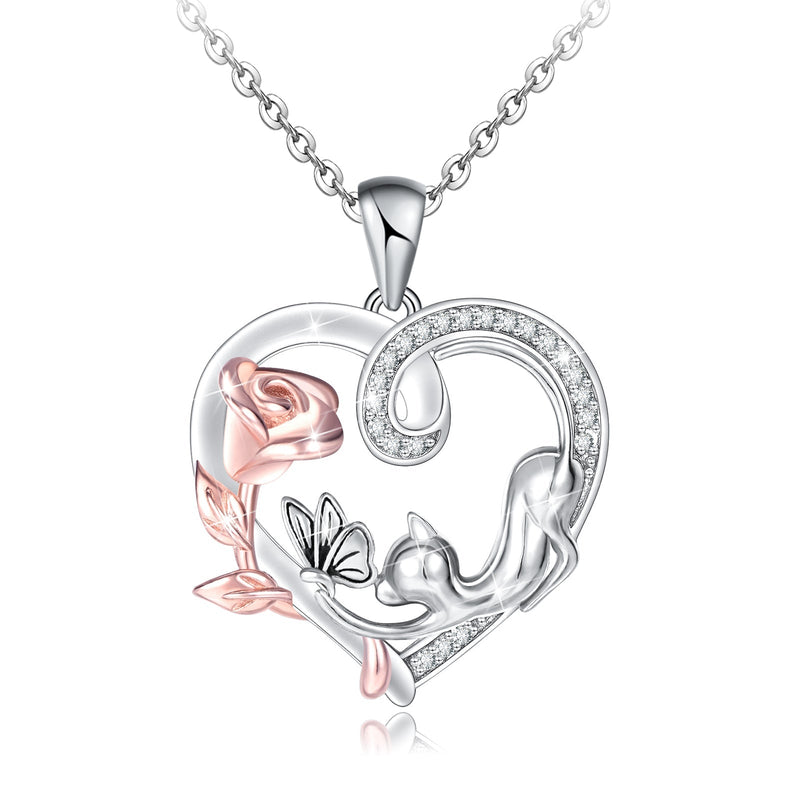 Rose Love Heart Cat Sterling Silver necklace