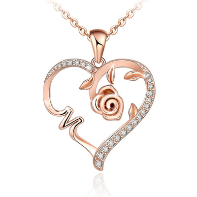 Rose With M Shape Heart Sterling Silver Necklace