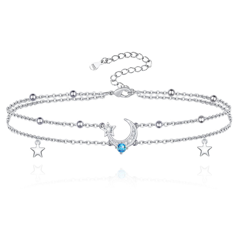 Universe Moon Star Layered Adjustable Sterling Silver  Anklet Bracelet