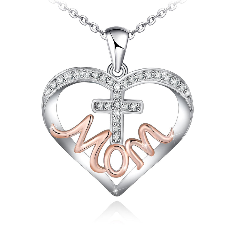 Mom Cross Love Heart Sterling Silver Necklace