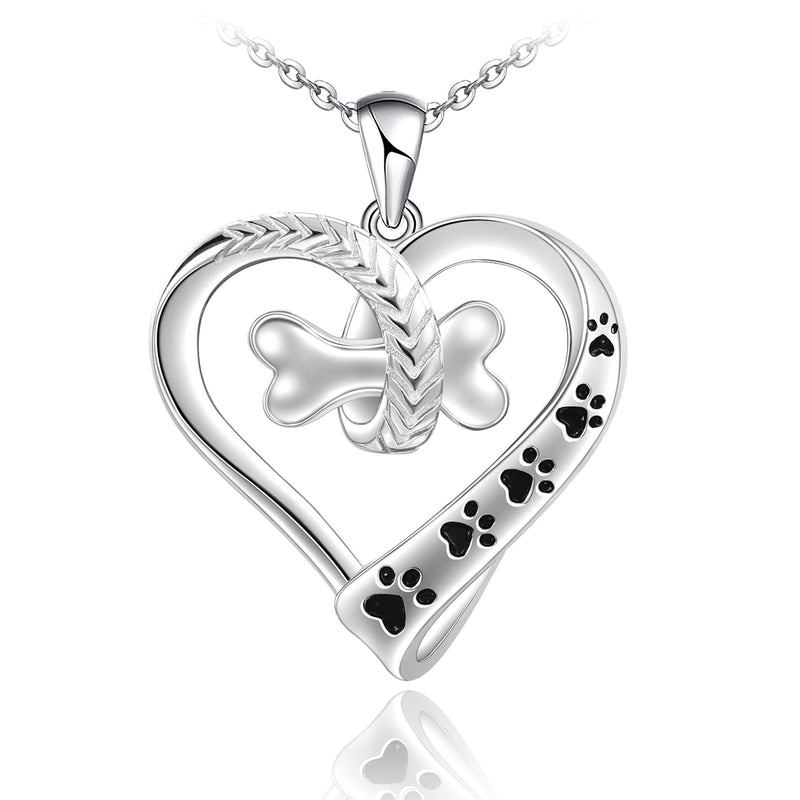 Cute Dog Paws with Bone Heart Shape Sterling Silver Necklace