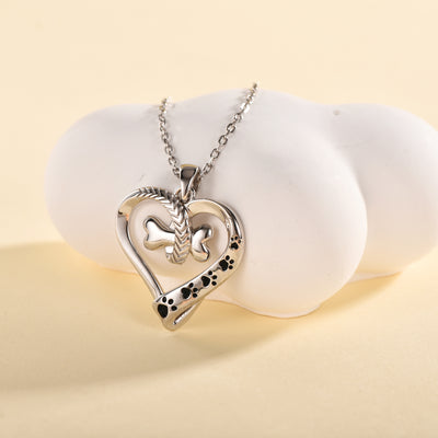 Cute Dog Paws with Bone Heart Shape Sterling Silver Necklace