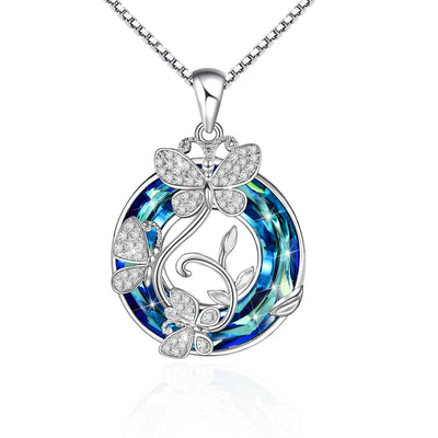 Butterfly With Blue Crystal Necklace Sterling Silver