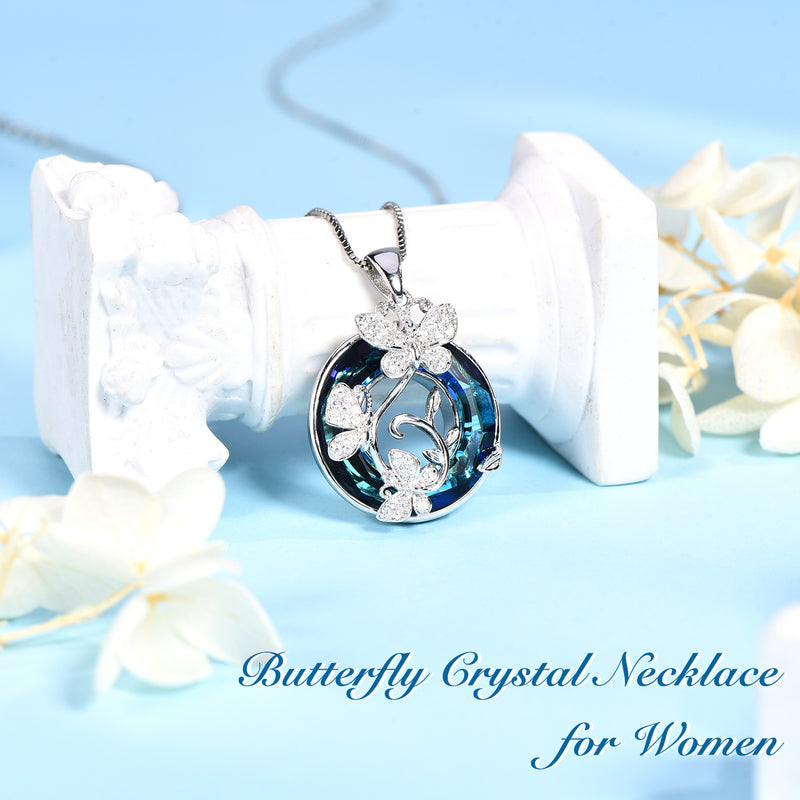 Butterfly With Blue Crystal Necklace Sterling Silver