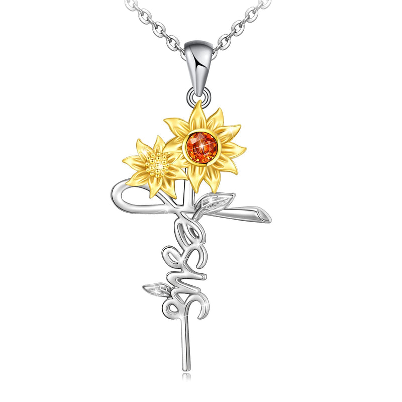 Jesus Sunflower Faith Cross Sterling Silver Necklace