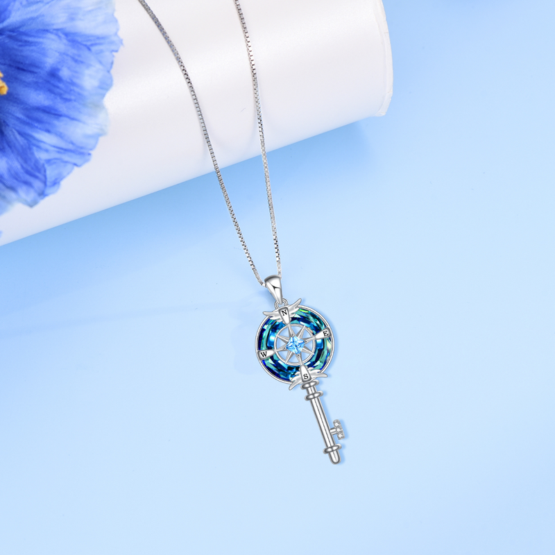 Compass Key with Circle Crystal Necklace Sterling Silver