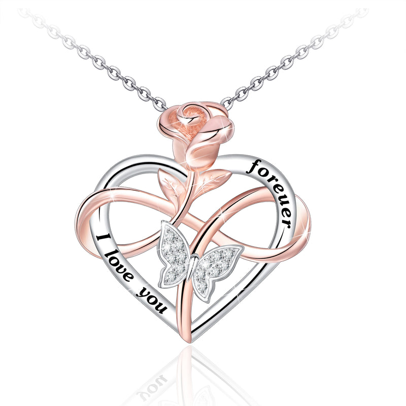 Rose with Butterfly Heart Sterling Silver Necklace