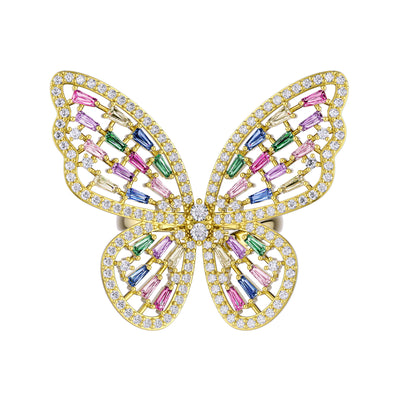 Rainbow Crystal Butterfly Sterling Silver Ring