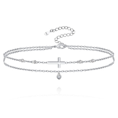 Cross Heart Double Layered Sterling Silver Anklet