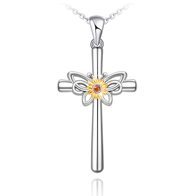 Butterfly Sunflower Cross Sterling Silver Necklace