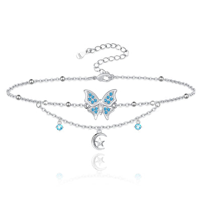 Butterfly Moon Layered Sterling Silver Anklet Bracelet