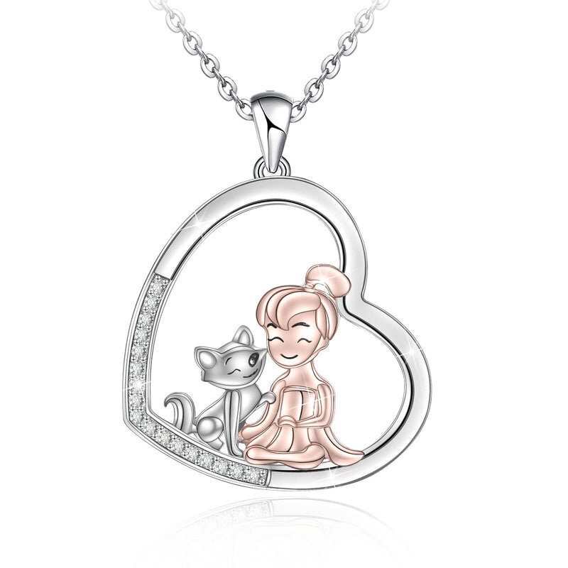 Cat and Girls Heart Sterling Silver Necklace