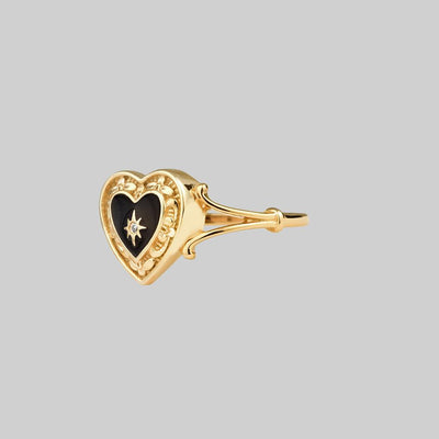 Black Enamel Heart Ring - Gold