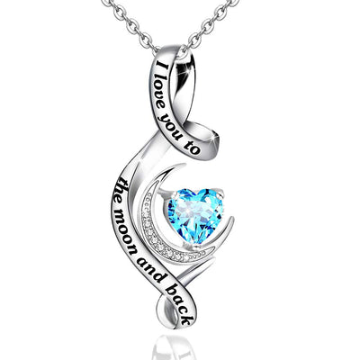 Moon With Ribbon Birthstone Heart Sterling Silver Necklace