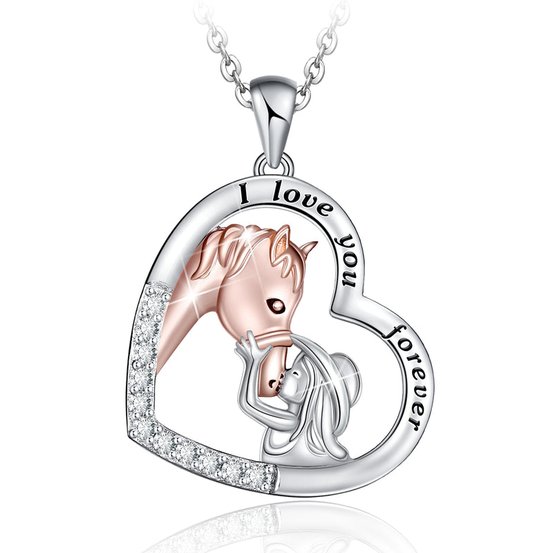 Lucky Horse And Girls Love Heart Sterling Silver Necklace