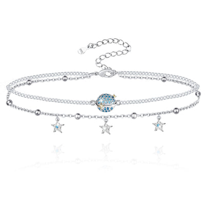 Universe Moon Star Layered Sterling Silver Anklet Bracelet