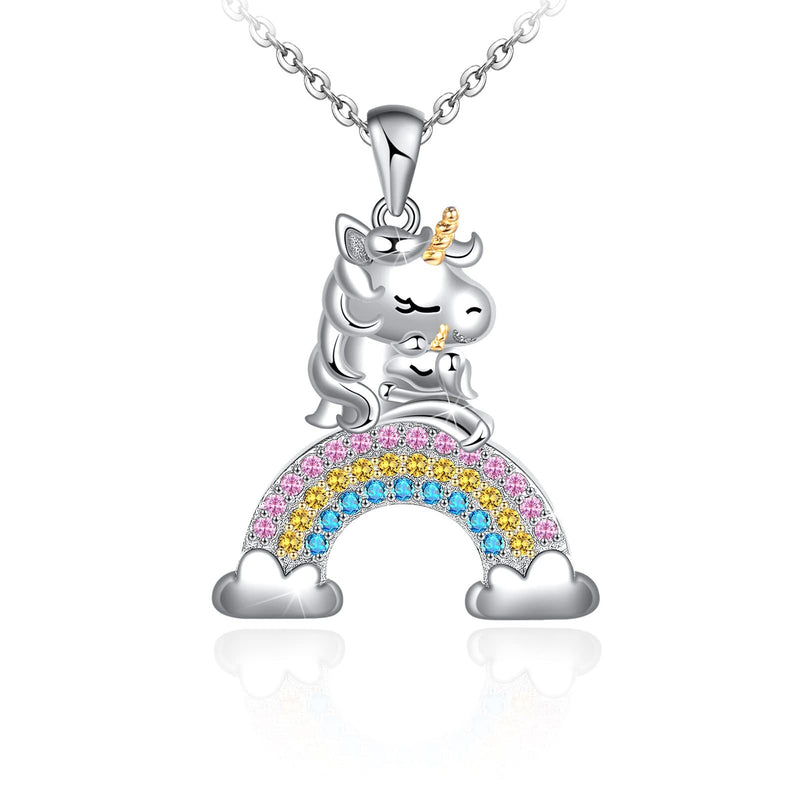 Cute Unicorn On Rainbow Sterling Silver Necklace