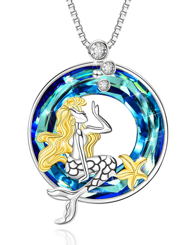 Mermaid with Blue Crystal Necklace Sterling Silver
