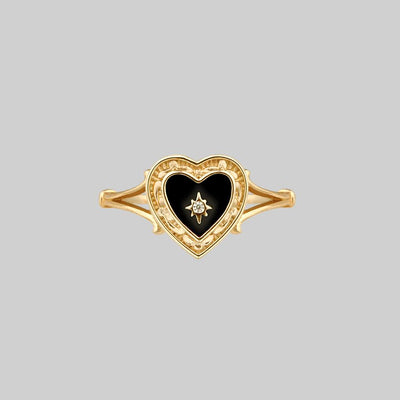 Black Enamel Heart Ring - Gold