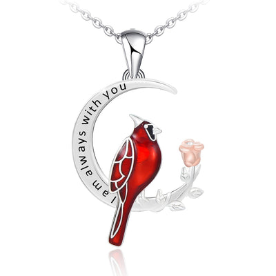 Cardinal Bird On Moon Sterling Silver Necklace