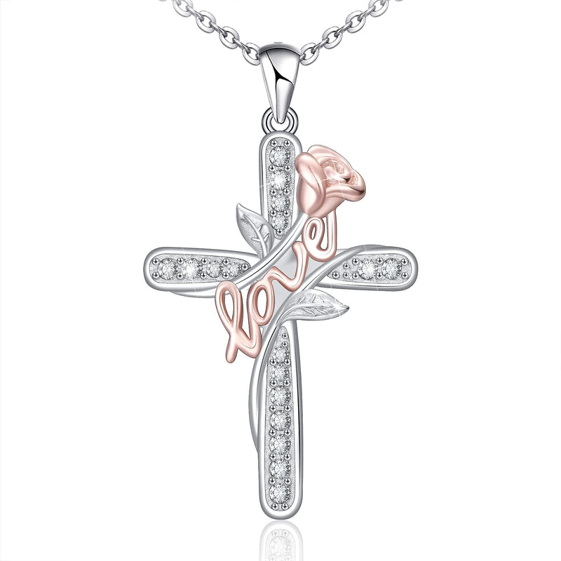 Cross Rose Flower Sterling Silver Necklace