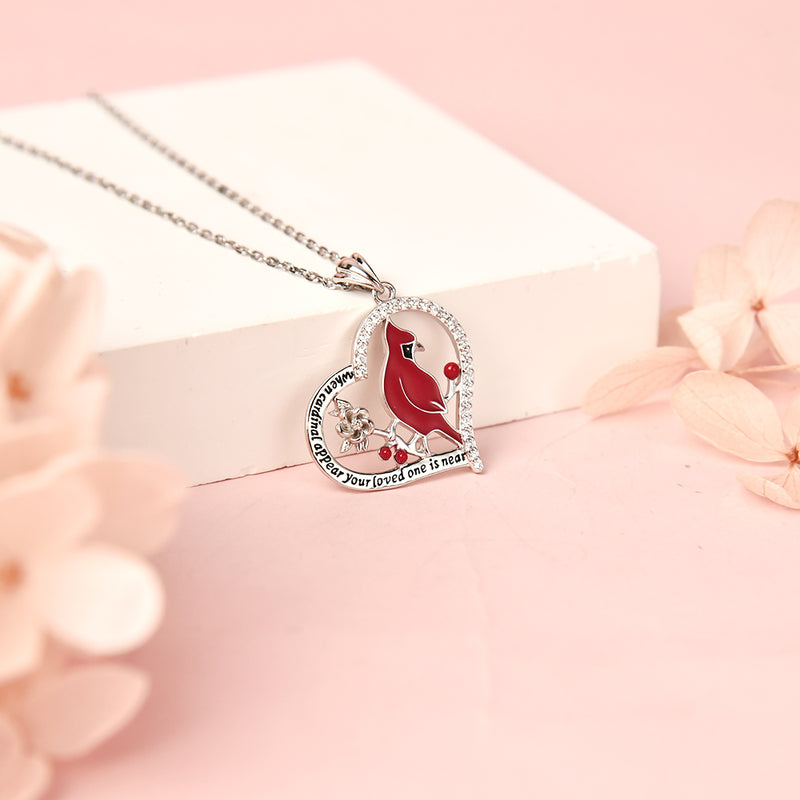 Red Cardinal Bird Heart Pendant Necklace