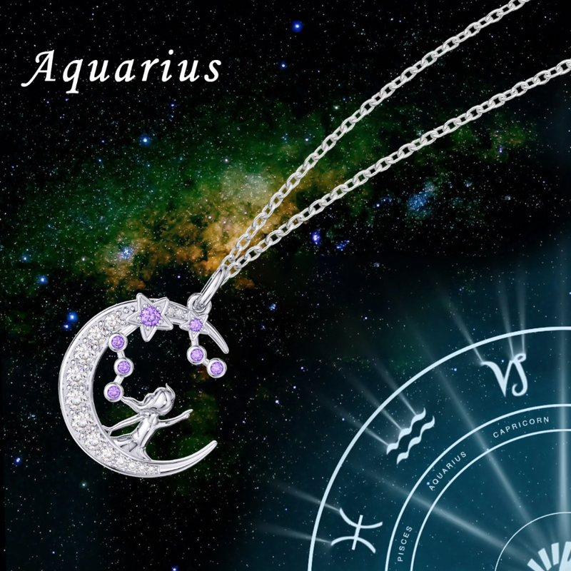 Zodiac Aquarius 12 Constellation Birthstone Necklace Sterling Silver