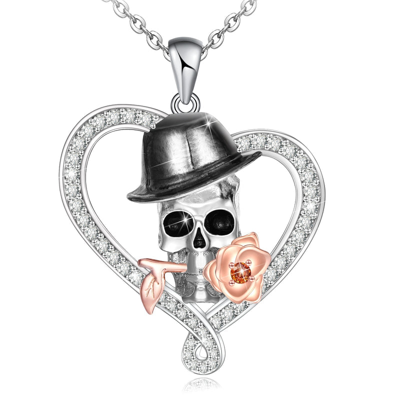 Goth Skull Rose Heart Sterling Silver Necklace