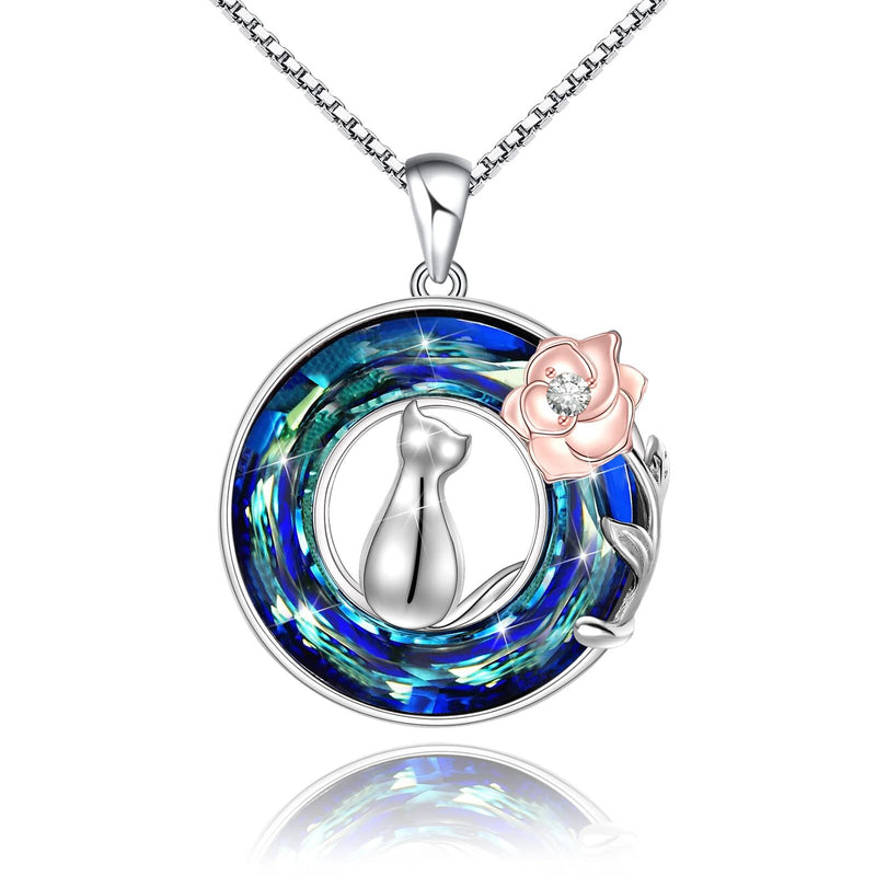 Cat On the Rose With Circle Crystal Sterling Silve Necklace